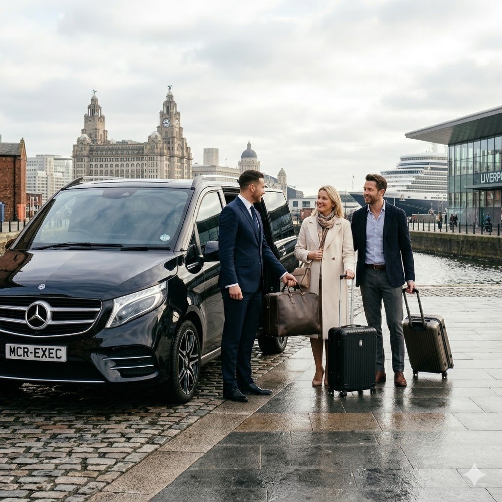 Liverpool Cruise Port Chauffeur Services black Mercedes V-Class MCR EXEC number plate with chauffeur assisting passengers and luggage at the cruise terminal