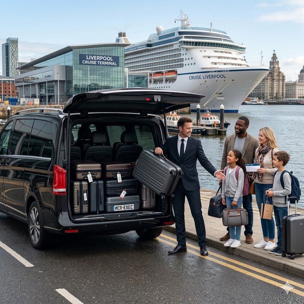 Liverpool Cruise Terminal chauffeur transfer with black Mercedes V-Class MPV, MCR-EXEC number plate, chauffeur assisting passengers with cruise luggage at Liverpool waterfront terminal