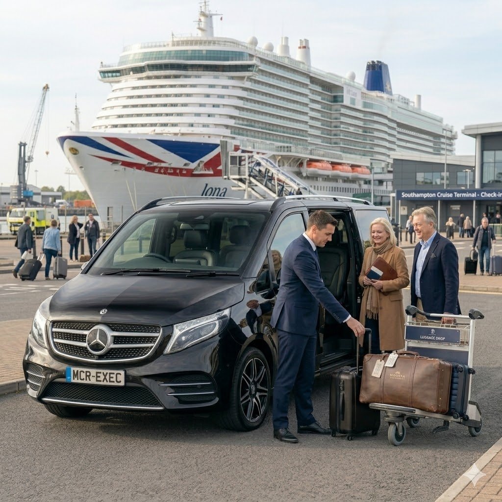 Manchester cruise port chauffeur service Mercedes V-Class MCR-EXEC number plate assisting passengers with luggage at cruise terminal