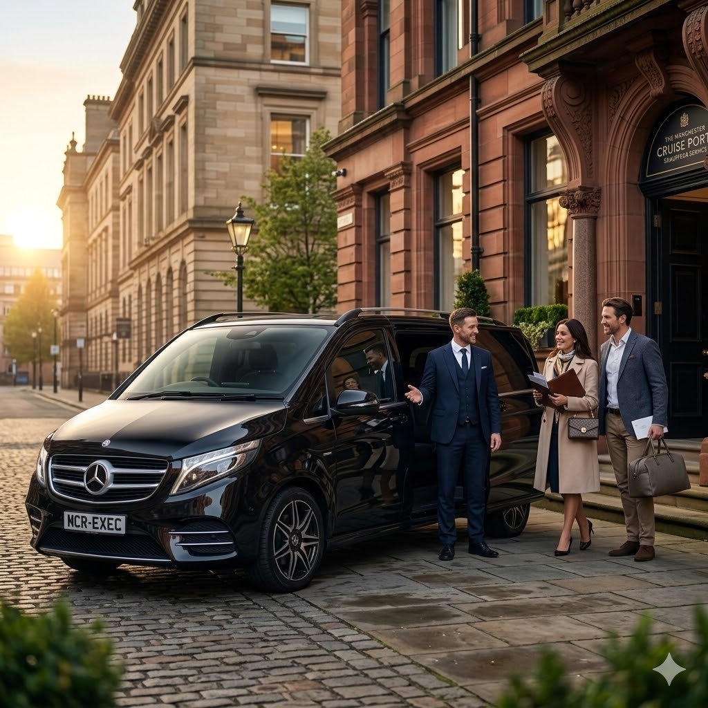 Manchester Cruise Port Chauffeur Service luxury executive transfer with black Mercedes V-Class MPV and MCR-EXEC number plate collecting passengers for private cruise terminal chauffeur transport from Manchester