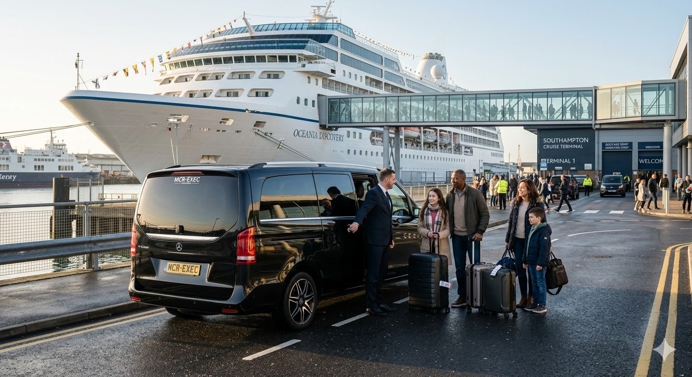 Cruise Port Chauffeur Services with black Mercedes V-Class luxury MPV and MCR-EXEC number plate at a UK cruise terminal as chauffeur assists passengers with luggage before boarding a cruise ship