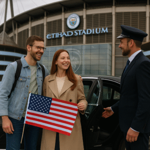 Chauffeur greeting American couple holding US flag beside luxury car at Etihad Stadium