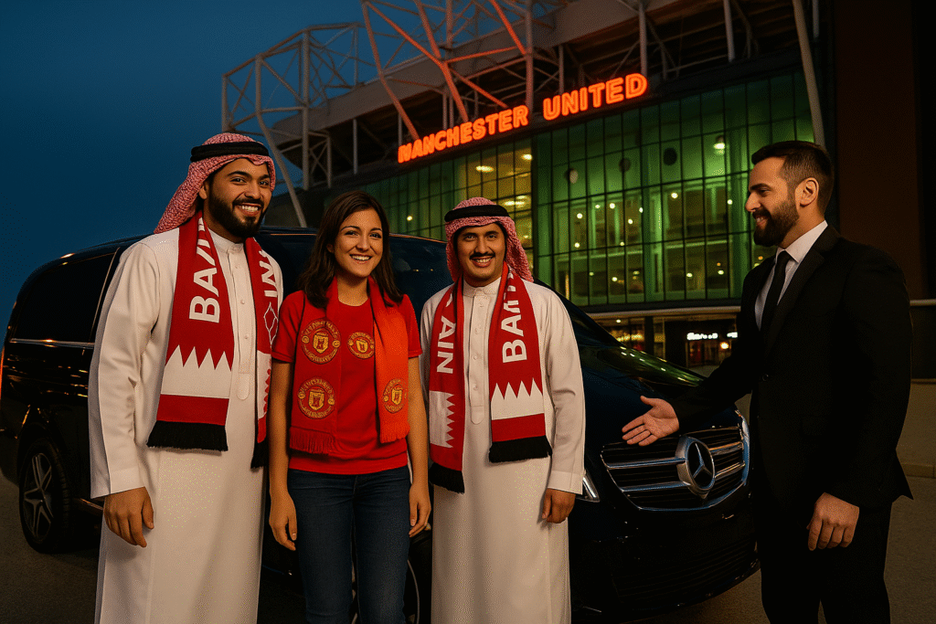 Three Bahraini Manchester United fans arrive at Old Trafford beside a black Mercedes MPV with an MCR EXEC chauffeur welcoming them.