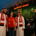Three Bahraini Manchester United fans arrive at Old Trafford beside a black Mercedes MPV with an MCR EXEC chauffeur welcoming them.