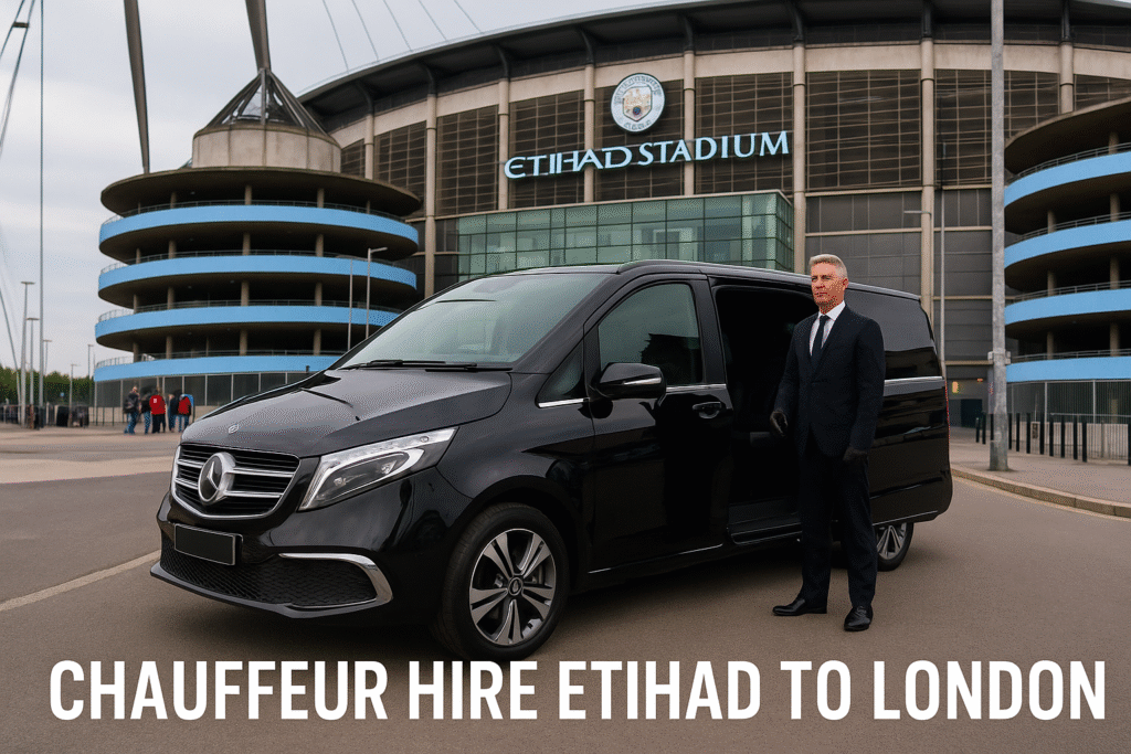 A luxury black Mercedes MPV with chauffeur parked at Etihad Stadium, prepared for VIP chauffeur hire to London