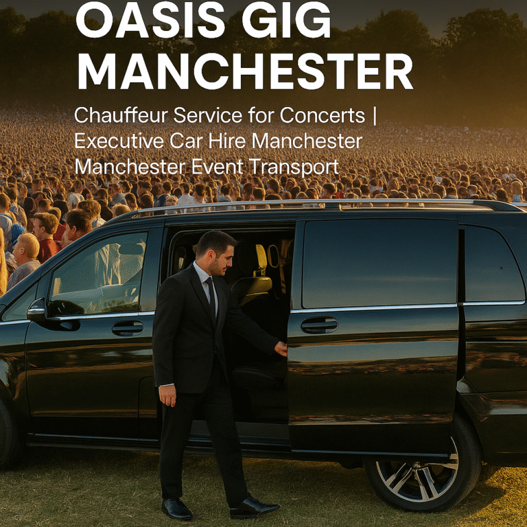 Professional chauffeur opening Mercedes V-Class MPV at Oasis gig in Manchester with thousands of concertgoers in the background.