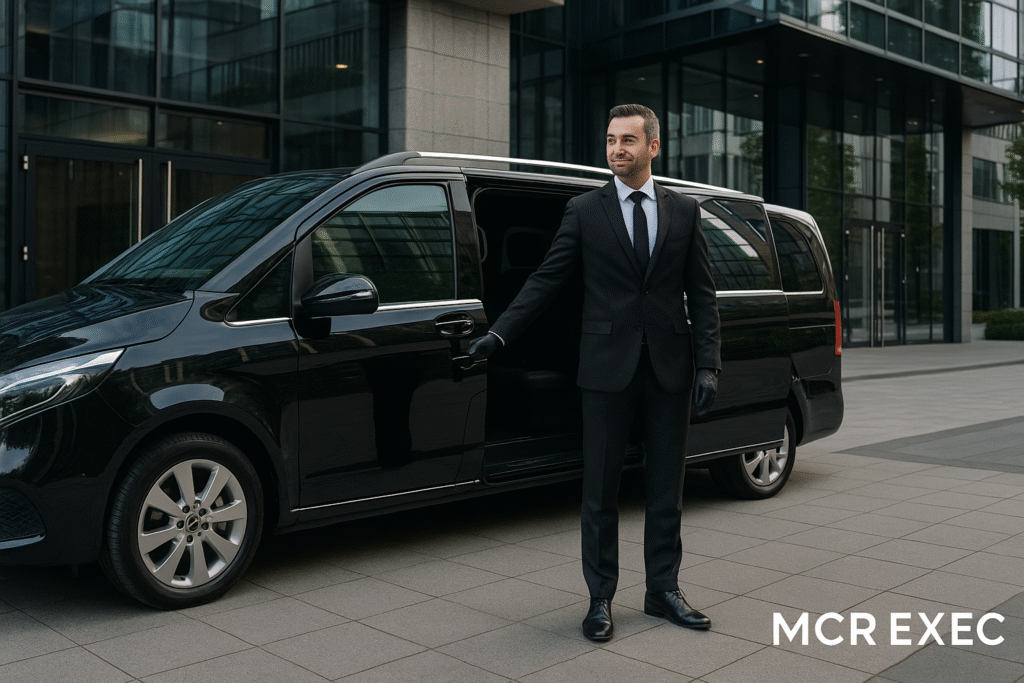 Business chauffeur opening luxury MPV at corporate office
