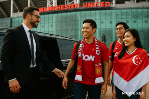 Three Singaporean Manchester United fans wearing red kits step out of a luxury Mercedes V-Class, welcomed by an MCR EXEC chauffeur outside Old Trafford stadium