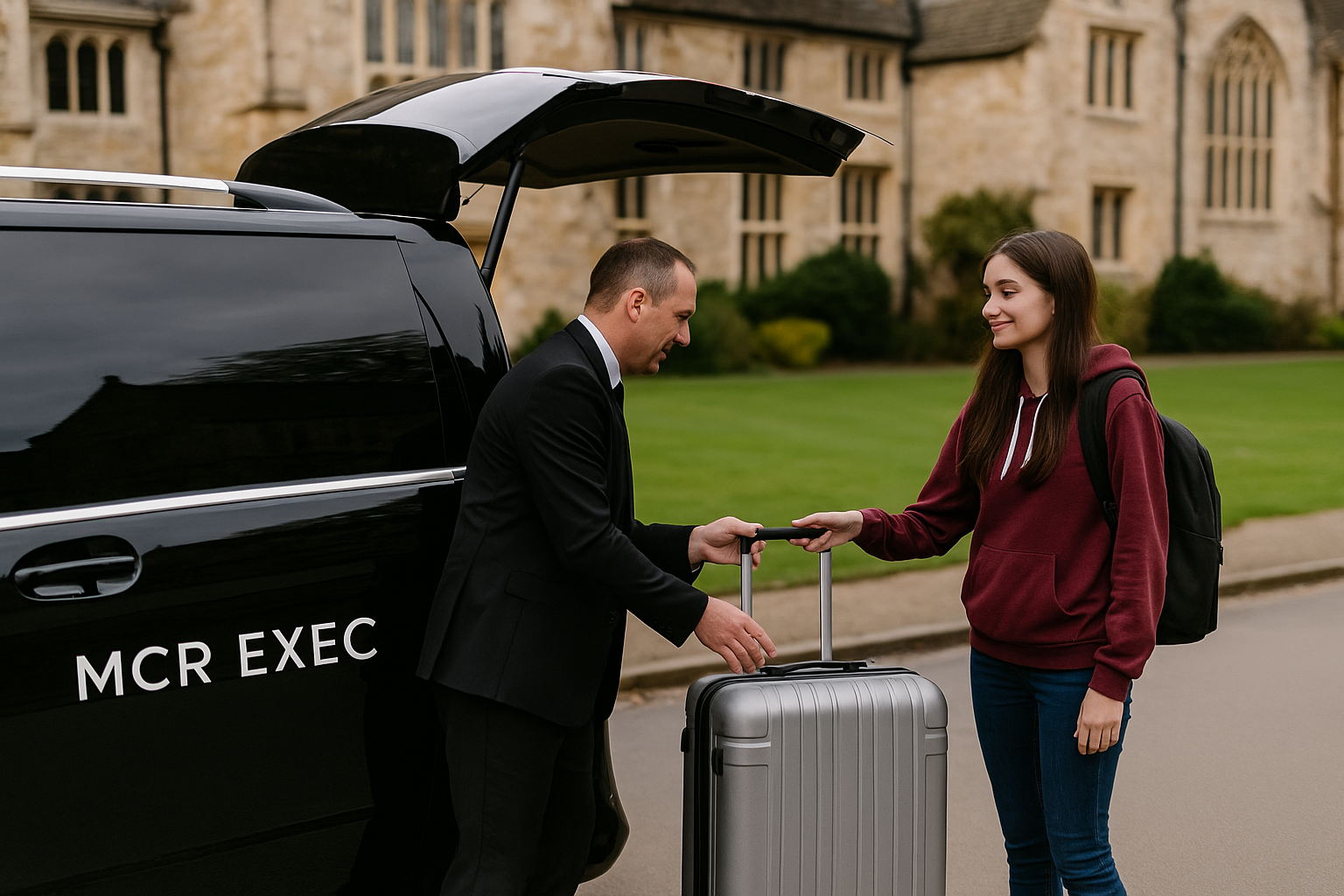 MCR EXEC chauffeur helping a University of York student load luggage into a premium vehicle en route to Manchester Airport
