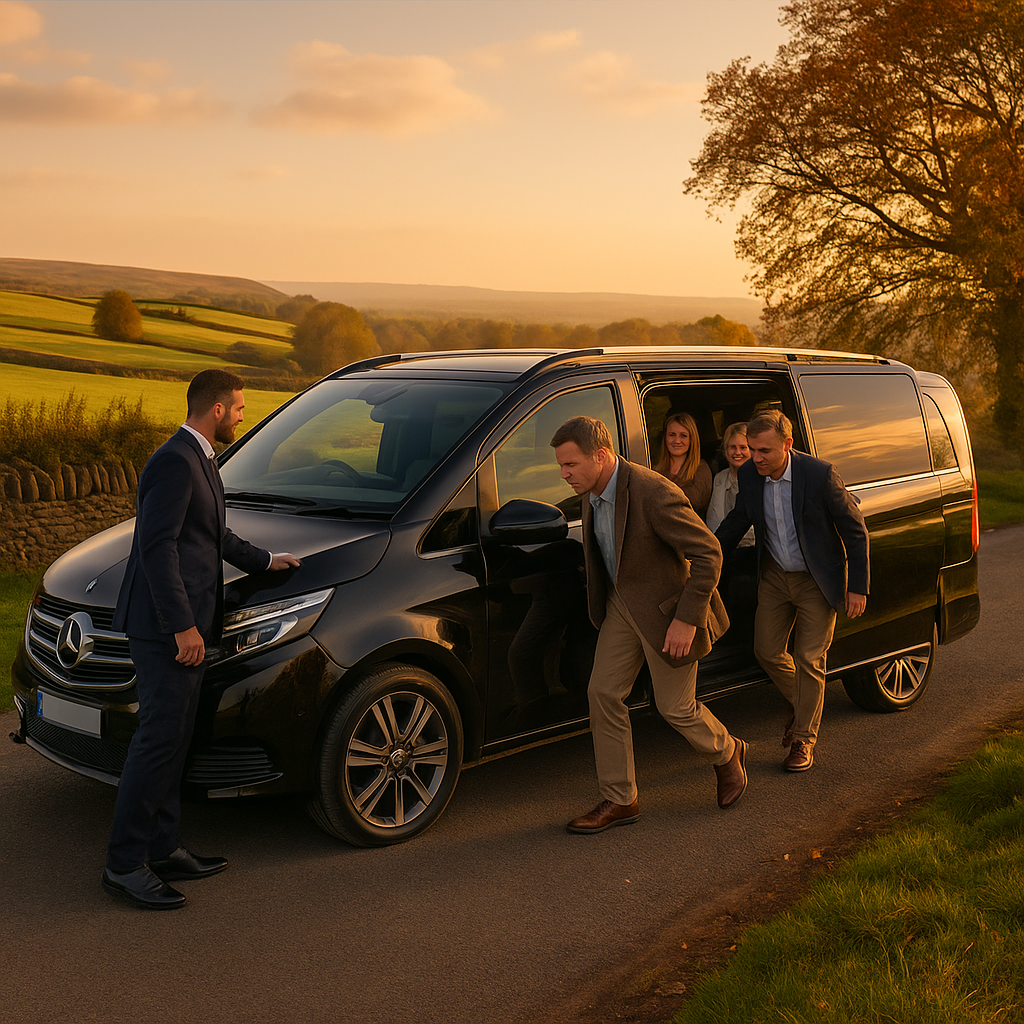 Chauffeur assists multiple passengers into a black MPV on a Macclesfield town centre street at sunrise.