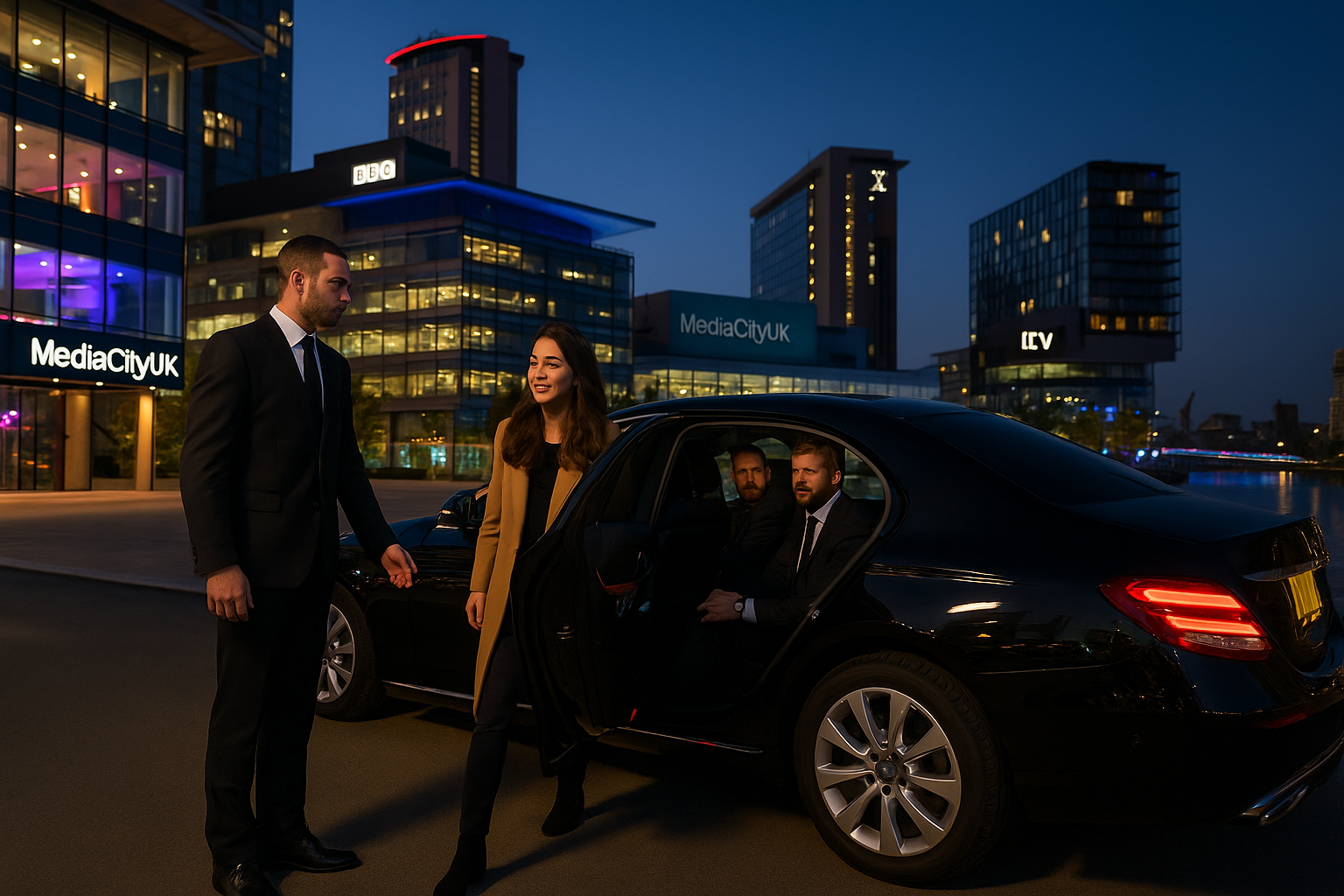 Chauffeur assists a group of passengers into black MPV outside Media City at dusk, with lights reflecting on water.