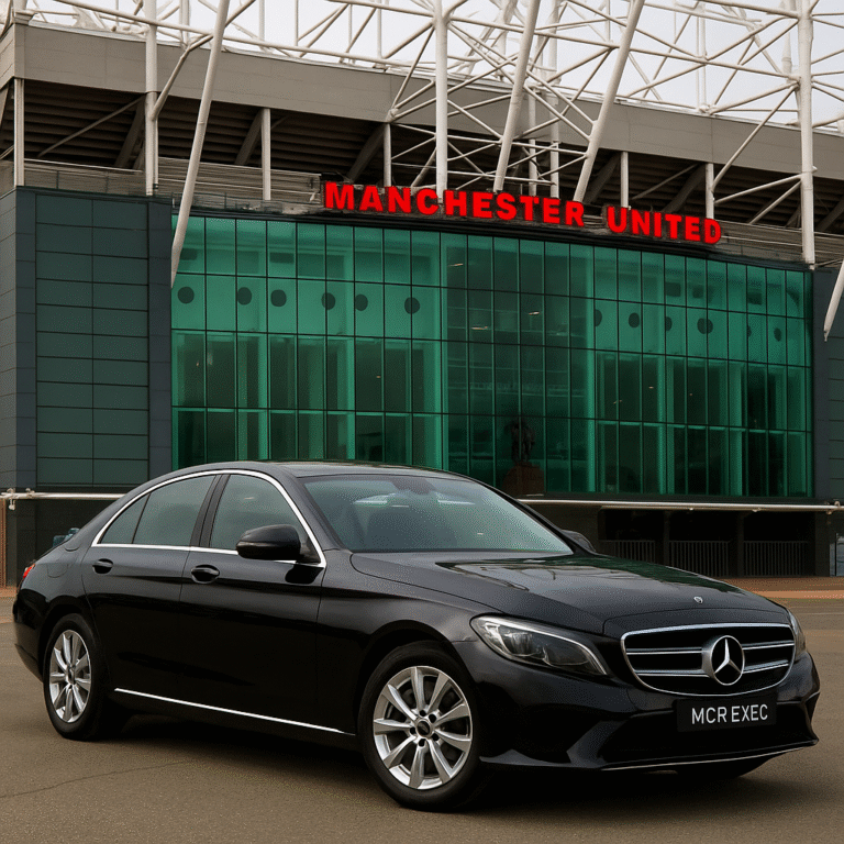 Luxury black chauffeur car parked outside Old Trafford Stadium, ready for Heathrow Airport transfer