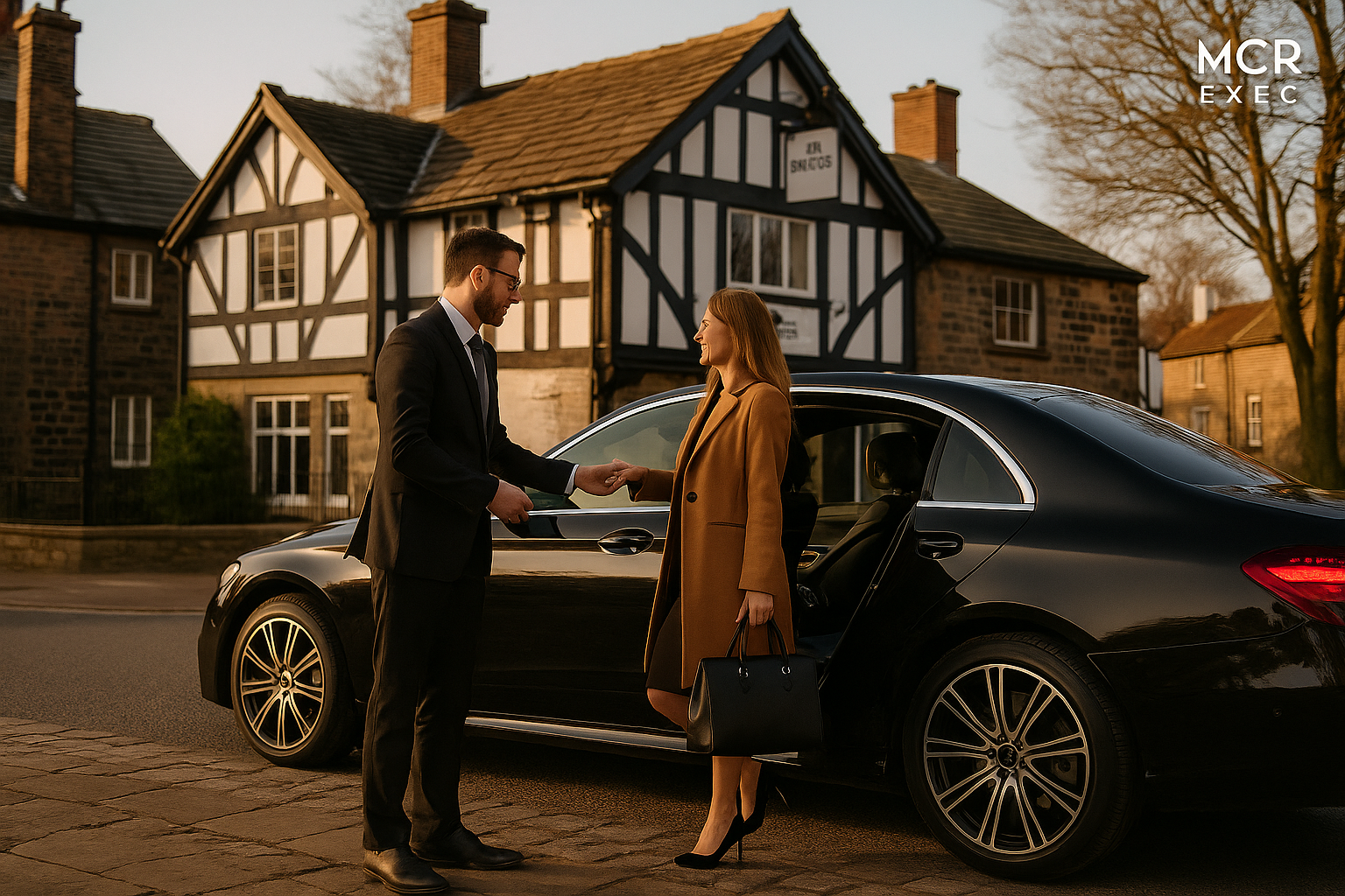 Chauffeur assists client into black executive car on tree-lined Prestbury lane during golden hour.