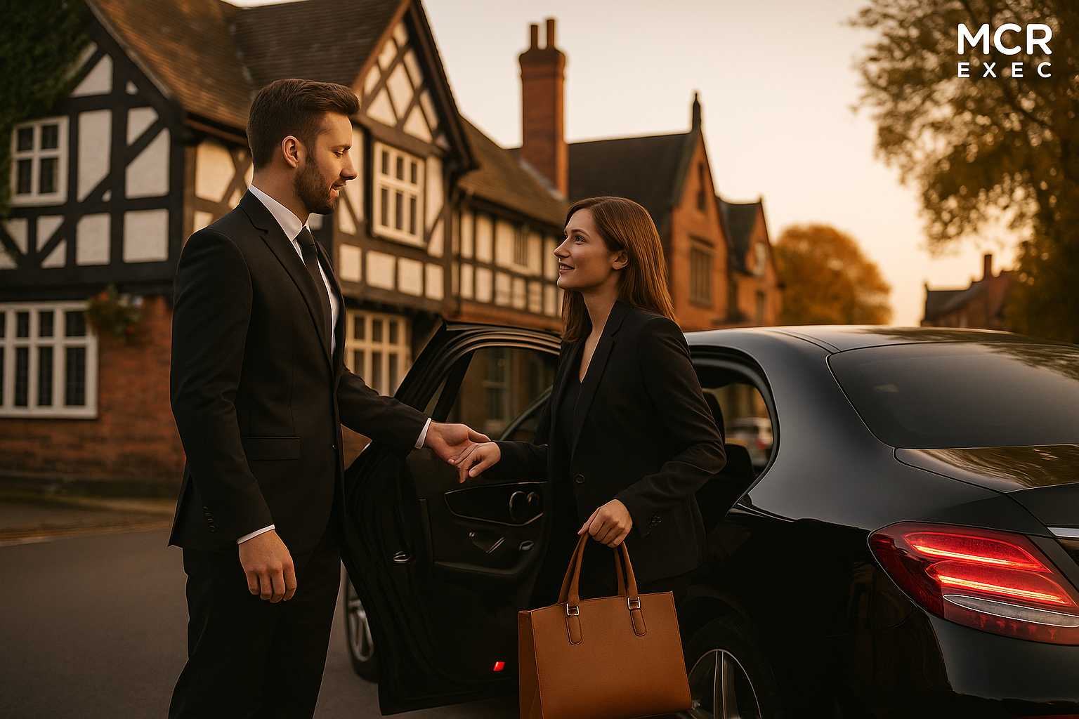 Chauffeur helps businesswoman from luxury black car on a village street in Tarporley at sunset.