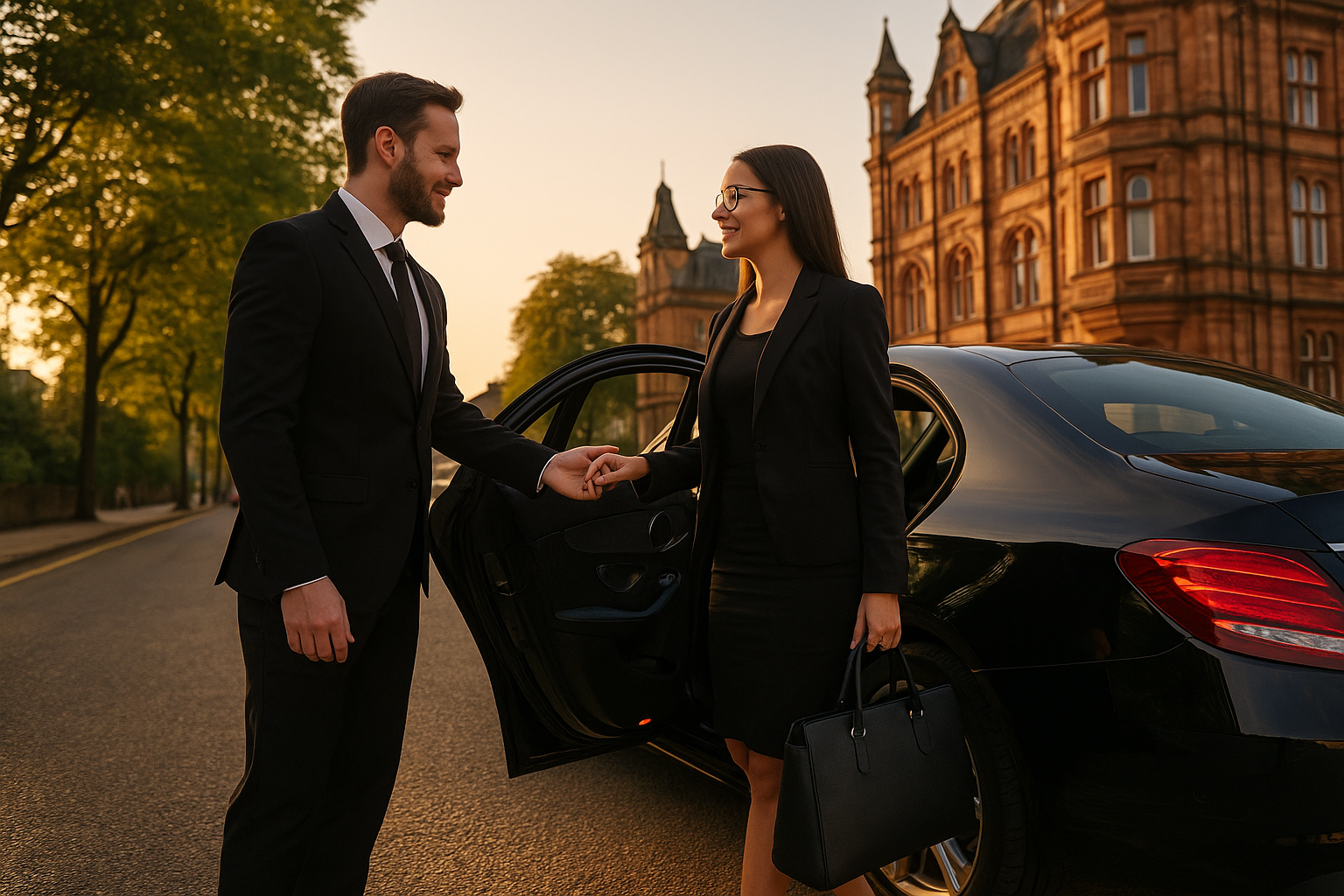 Chauffeur assists businesswoman from luxury black car in Wirral with historic red sandstone building backdrop.