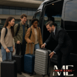 MCR EXEC chauffeur assisting a group of international travellers with luggage into a premium minibus at Manchester Airport