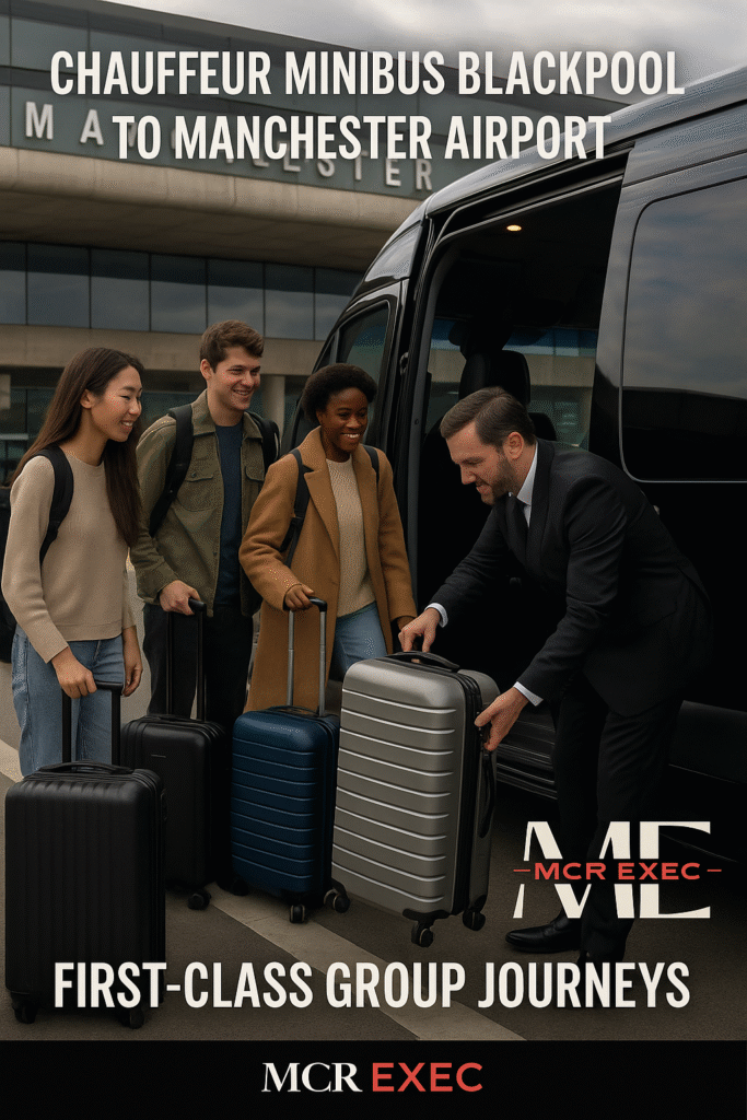 MCR EXEC chauffeur assisting a group of international travellers with luggage into a premium minibus at Manchester Airport