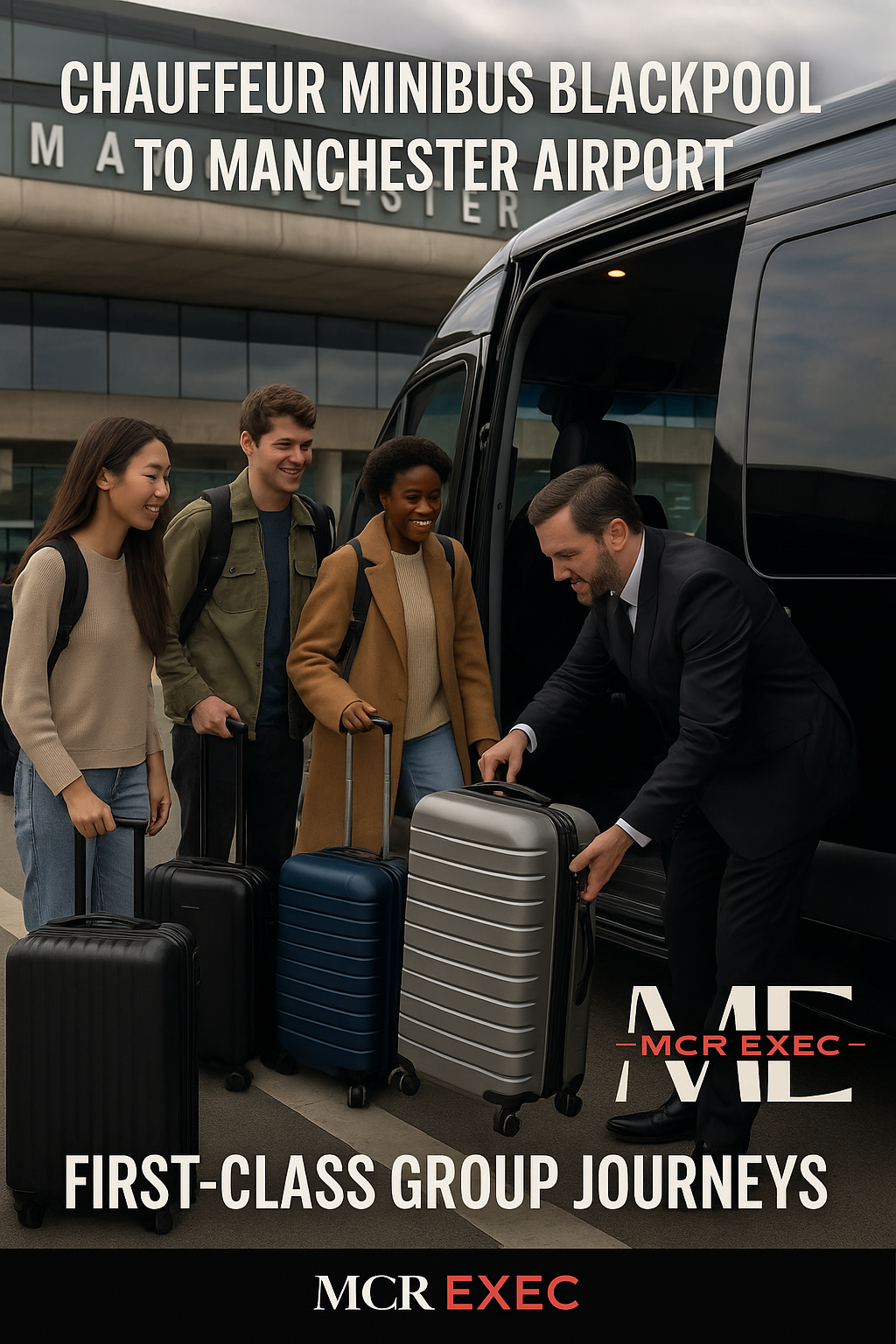 MCR EXEC chauffeur assisting a group of international travellers with luggage into a premium minibus at Manchester Airport