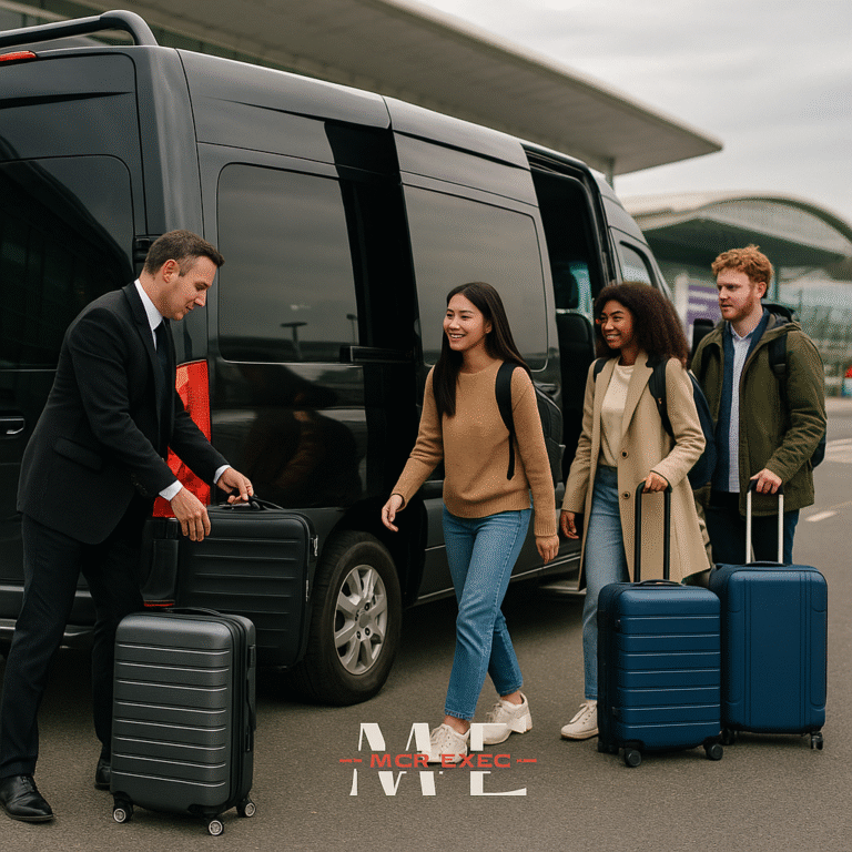 MCR EXEC chauffeur assisting a group of passengers with luggage into a luxury minibus outside a residential area in Bolton