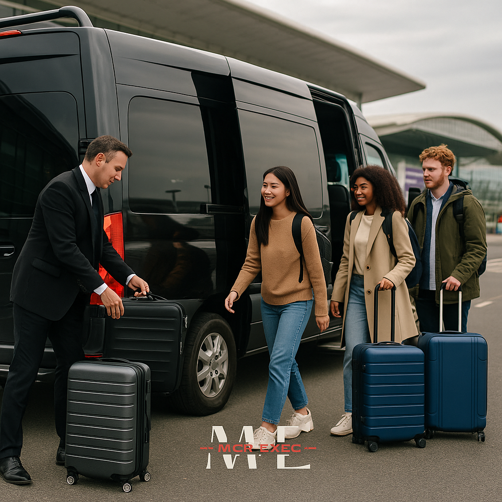 MCR EXEC chauffeur assisting a group of passengers with luggage into a luxury minibus outside a residential area in Bolton