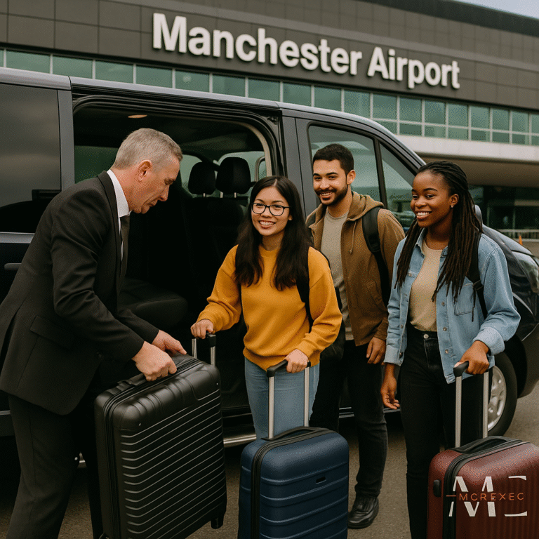 A professional chauffeur assists three international students loading luggage into a black minibus outside Manchester Airport