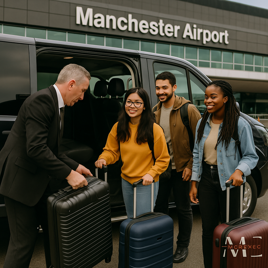 A professional chauffeur assists three international students loading luggage into a black minibus outside Manchester Airport