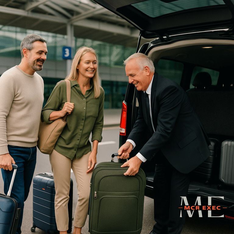A professional chauffeur assists a mature couple with their luggage outside a luxury minibus at a UK airport, representing a premium group transfer from Edinburgh to Manchester Airport.