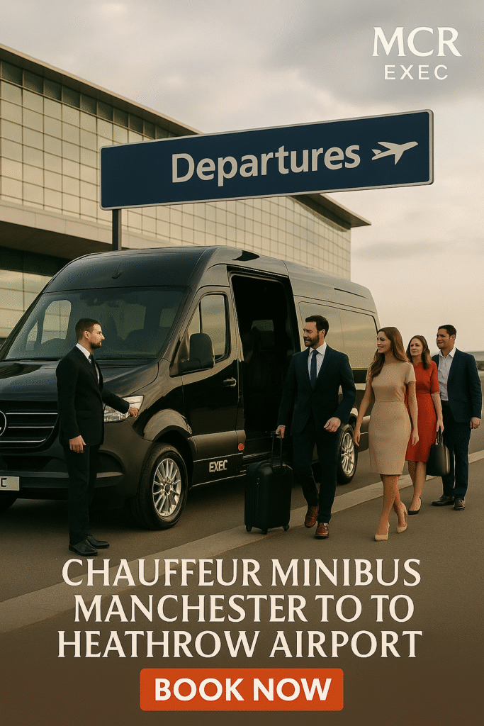 Group of professionally dressed passengers boarding a luxury black Mercedes minibus at Heathrow Airport, assisted by a suited chauffeur under a 'Departures' sign