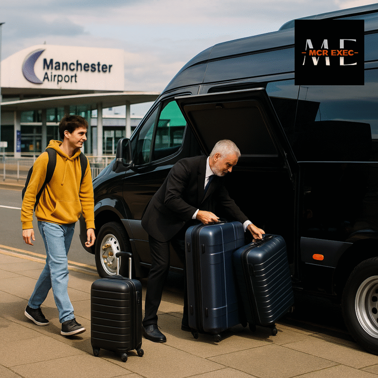 A professional chauffeur loads luggage into a minibus while students prepare to travel from Nottingham to Manchester Airport