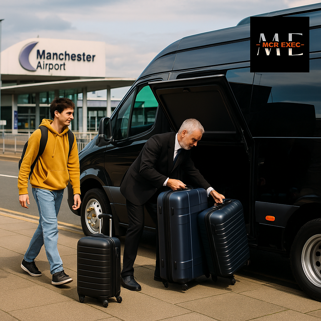 A professional chauffeur loads luggage into a minibus while students prepare to travel from Nottingham to Manchester Airport