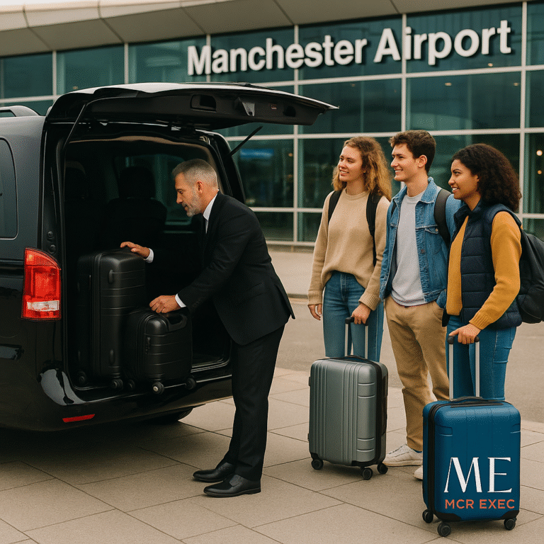 Chauffeur assisting three international students loading suitcases into a luxury minibus outside a UK airport