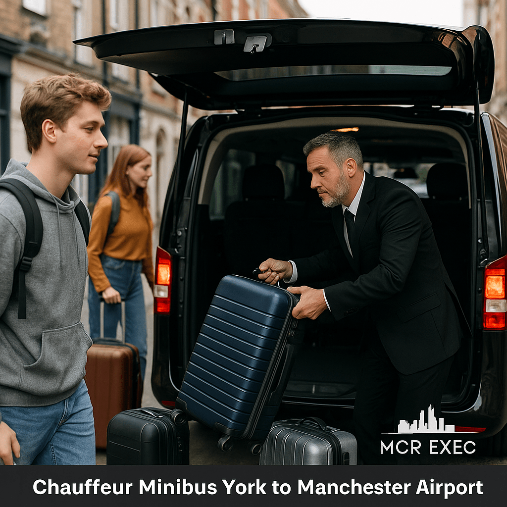 A professional chauffeur loading luggage into a black minibus for a group of university students departing from York to Manchester Airport