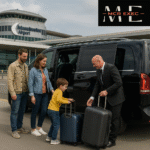 Luxury minibus transfer showing a couple with suitcases being assisted by an MCR EXEC chauffeur at Manchester Airport