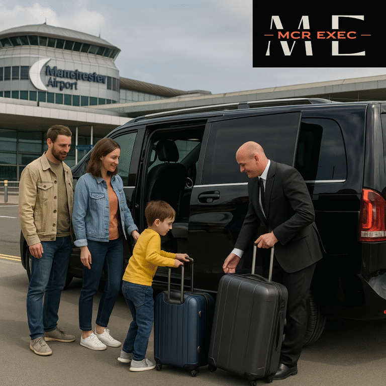 Luxury minibus transfer showing a couple with suitcases being assisted by an MCR EXEC chauffeur at Manchester Airport