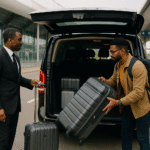 Chauffeur assists group of passengers loading luggage into a black executive minibus for transfer from Liverpool to Manchester Airport