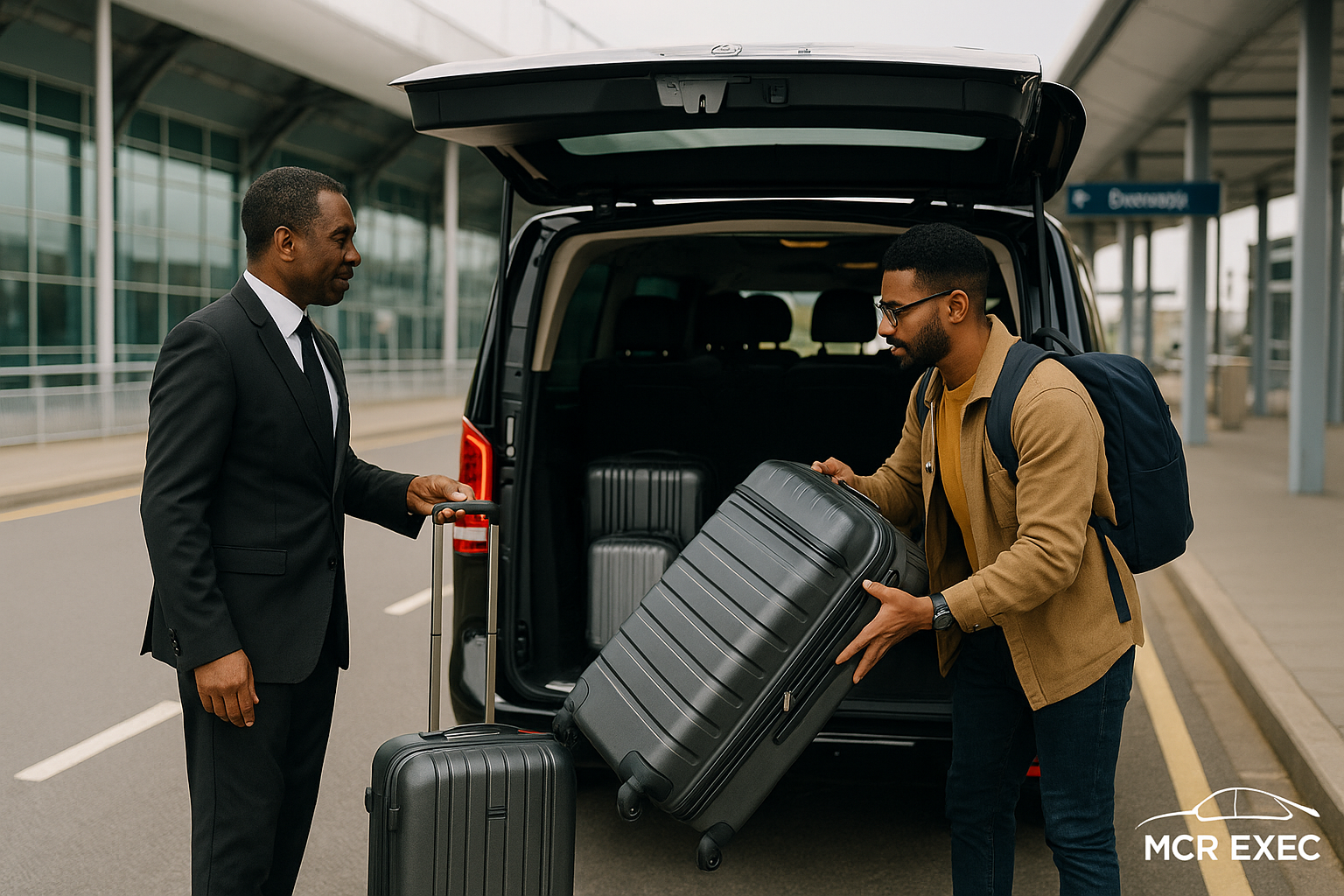 Chauffeur assists group of passengers loading luggage into a black executive minibus for transfer from Liverpool to Manchester Airport
