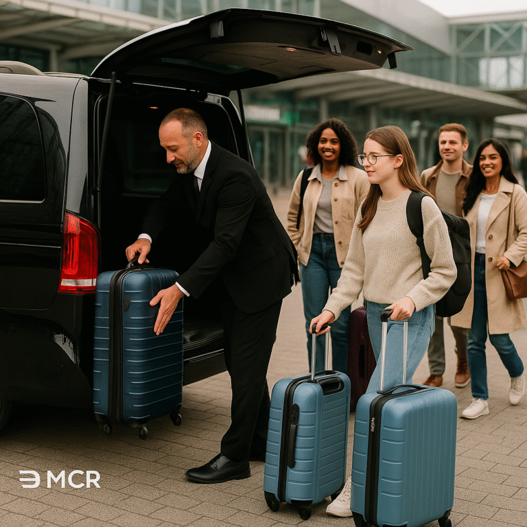 Chauffeur loading luggage for a group of university students into a luxury minibus outside Sheffield student accommodation