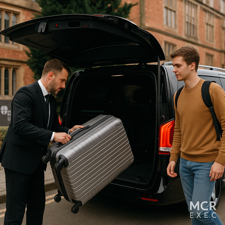 A professional chauffeur assists a Durham University student with luggage outside a black MPV vehicle for a premium airport transfer