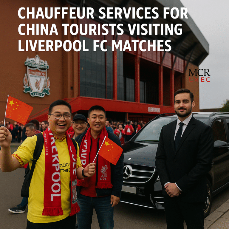 Chinese Liverpool FC fans arriving at Anfield with MCR EXEC chauffeur service, luxury Mercedes MPV, Chinese flags, match day atmosphere.