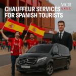 Spanish Liverpool FC fans arriving at Anfield with MCR EXEC chauffeur service, luxury Mercedes MPV, Spanish flags, match day scene.
