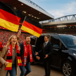 German Liverpool FC fans arriving at Anfield with MCR EXEC chauffeur service, Mercedes MPV, German flags, match day atmosphere.