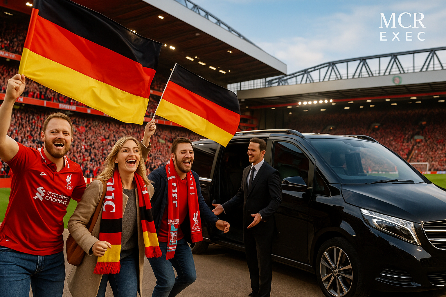 German Liverpool FC fans arriving at Anfield with MCR EXEC chauffeur service, Mercedes MPV, German flags, match day atmosphere.