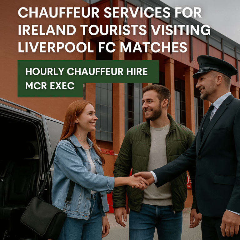 Professional chauffeur welcoming Irish tourists arriving at Liverpool FC match at Anfield, luxury black chauffeur van, MCR EXEC logo.