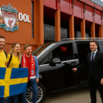 Swedish Liverpool FC fans with national flags arriving at Anfield with MCR EXEC luxury chauffeur MPV, match day atmosphere.