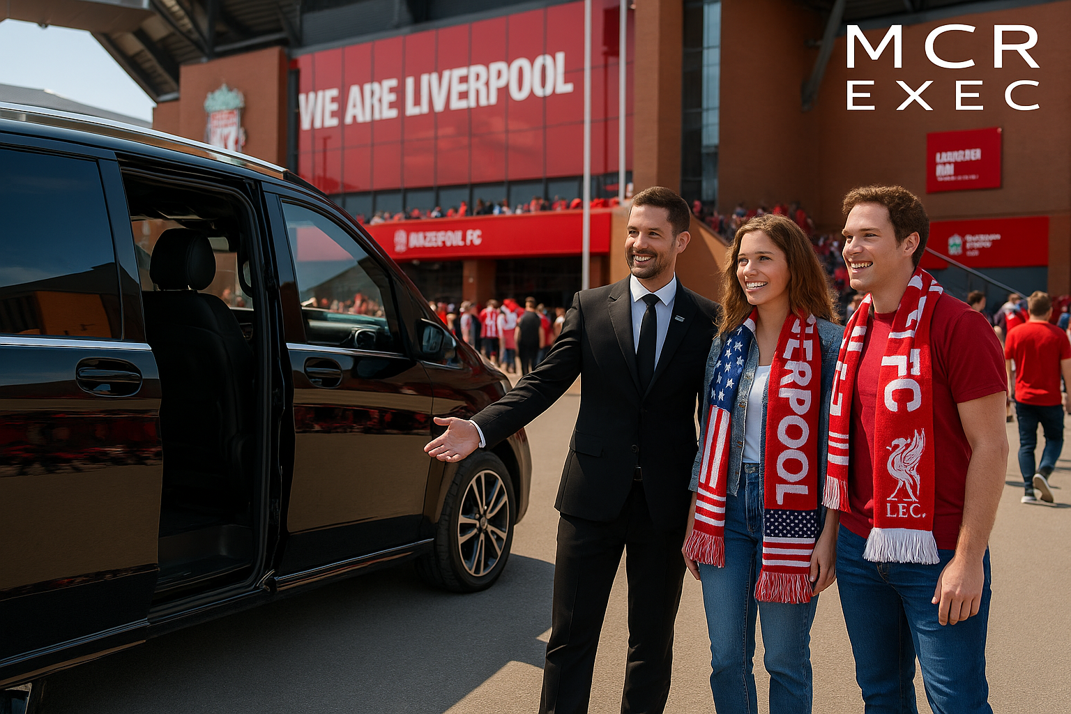Professional chauffeur welcoming American tourists arriving at Liverpool FC match at Anfield, with luxury black chauffeur van, MCR EXEC logo.
