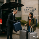 A chauffeur assists a young student with luggage outside a luxury MPV on the Bangor University campus, preparing for a journey to Manchester Airport