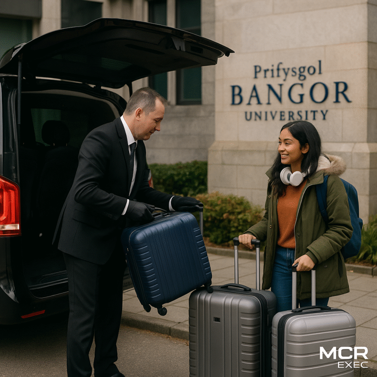 A chauffeur assists a young student with luggage outside a luxury MPV on the Bangor University campus, preparing for a journey to Manchester Airport