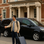 Executive chauffeur greeting international student outside University of Leeds with Mercedes V-Class