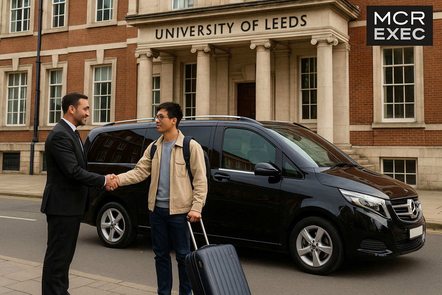 Executive chauffeur greeting international student outside University of Leeds with Mercedes V-Class