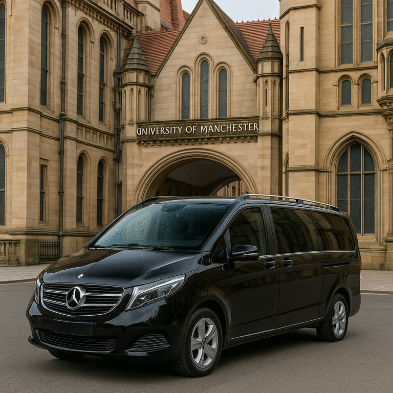 Executive chauffeur greeting international student at University of Manchester